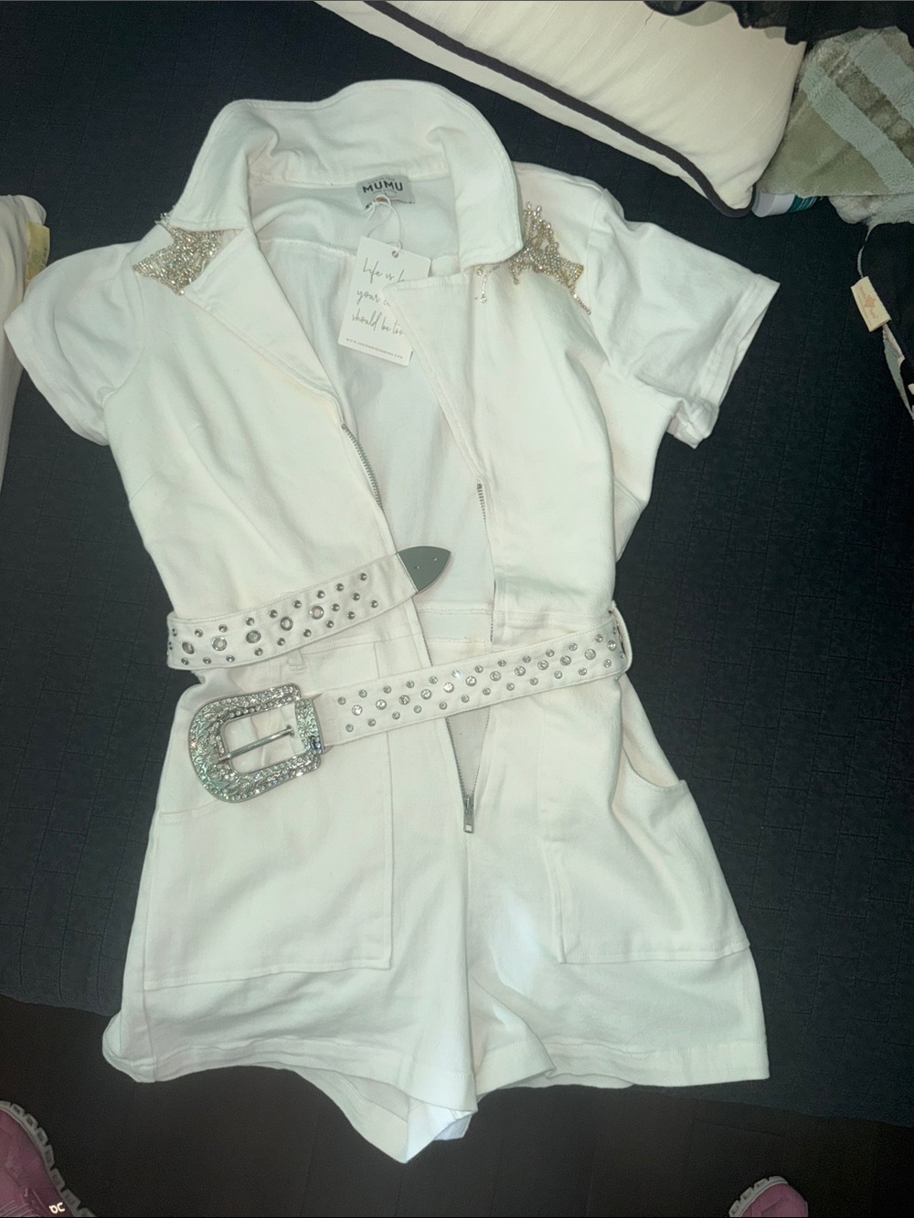 Show Me Your MuMu White Short-Sleeve Studded Romper with Rhinestone Belt